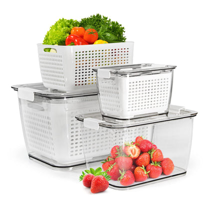 Space Saver Containers for Refrigerator - Stackable Fruit Storage Containers  for Fridge, Vegetable Storage Containers with Drain Tray and Lid Keep Fresh  for Veggie, Fruit, Lettuce and Salad 